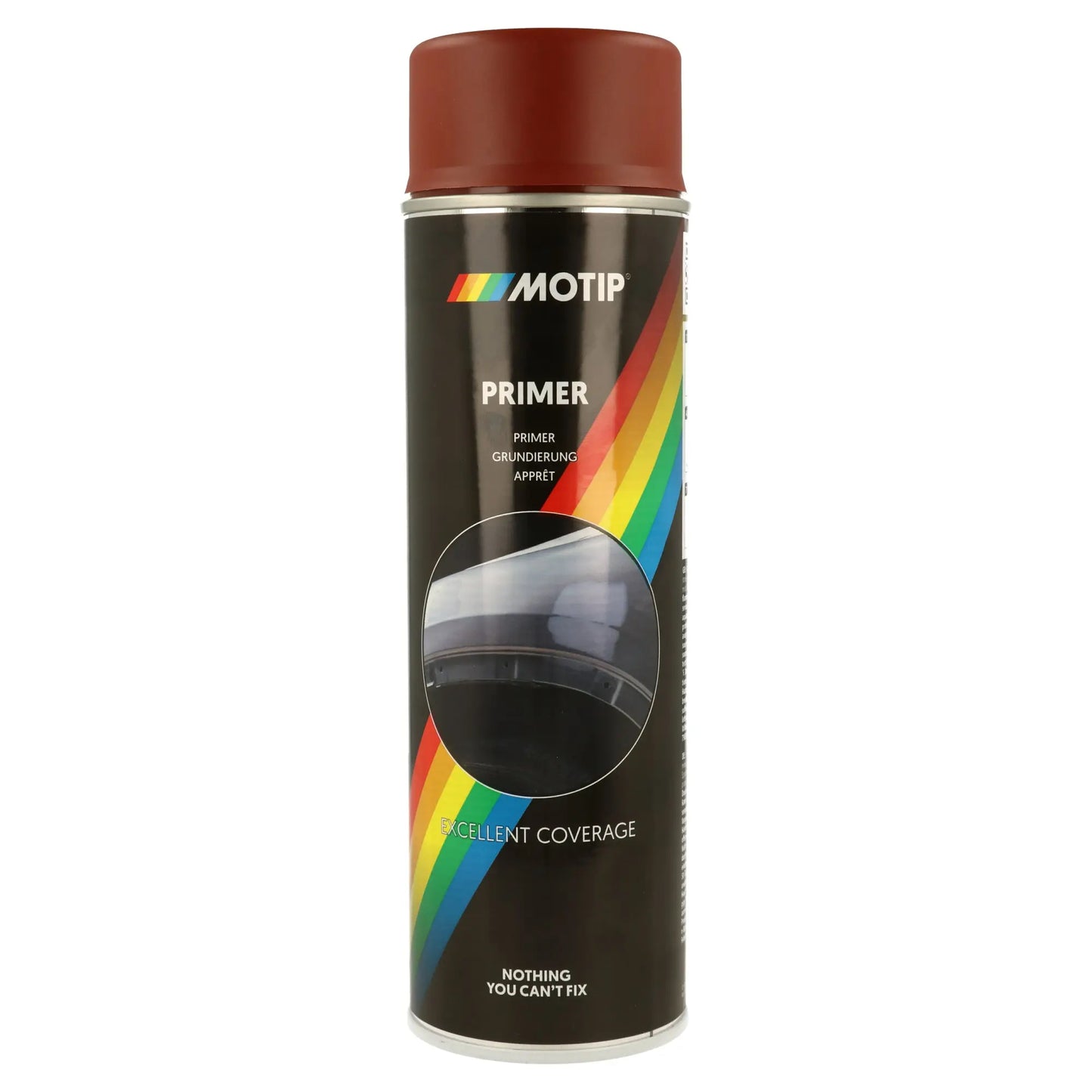 Motip Primer Spray 500ml, Available in White, Grey, Red and Black - Primer spray paint serves to prepare a surface for painting by improving paint adhesion, creating a smooth base, and preventing issues like bleed-through or uneven coverage. Motip