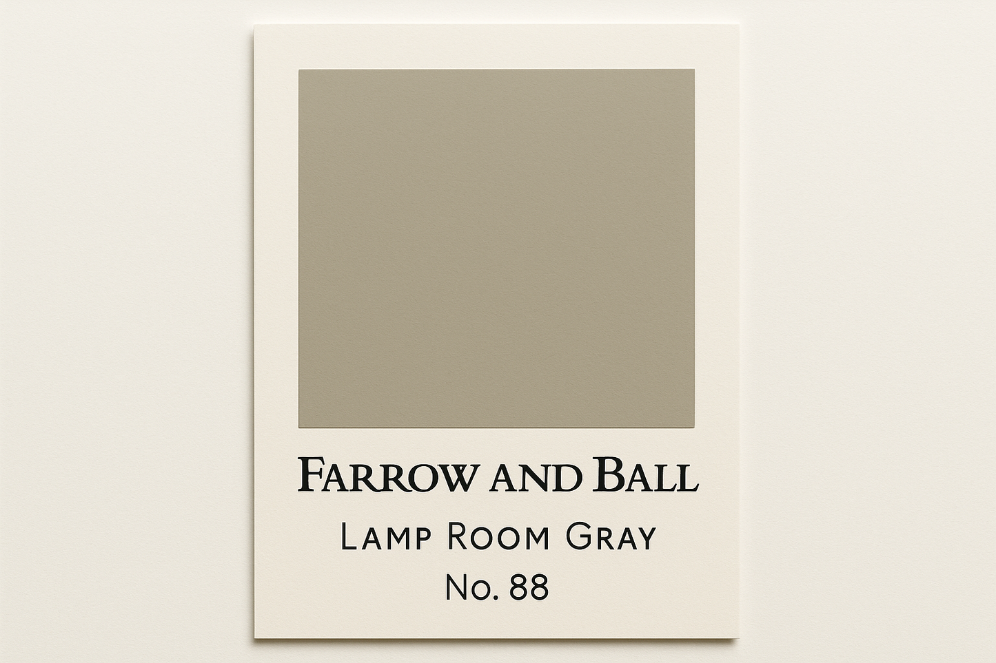 Create a colour swatch card in Hex code #B7B6AE and label it up Farrow and Ball Lamp room gray No. 88