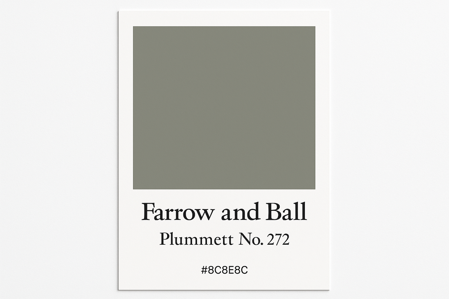 Create a colour swatch card to Hex code #8C8E8C and label it to Farrow and Ball -Plummett No. 272