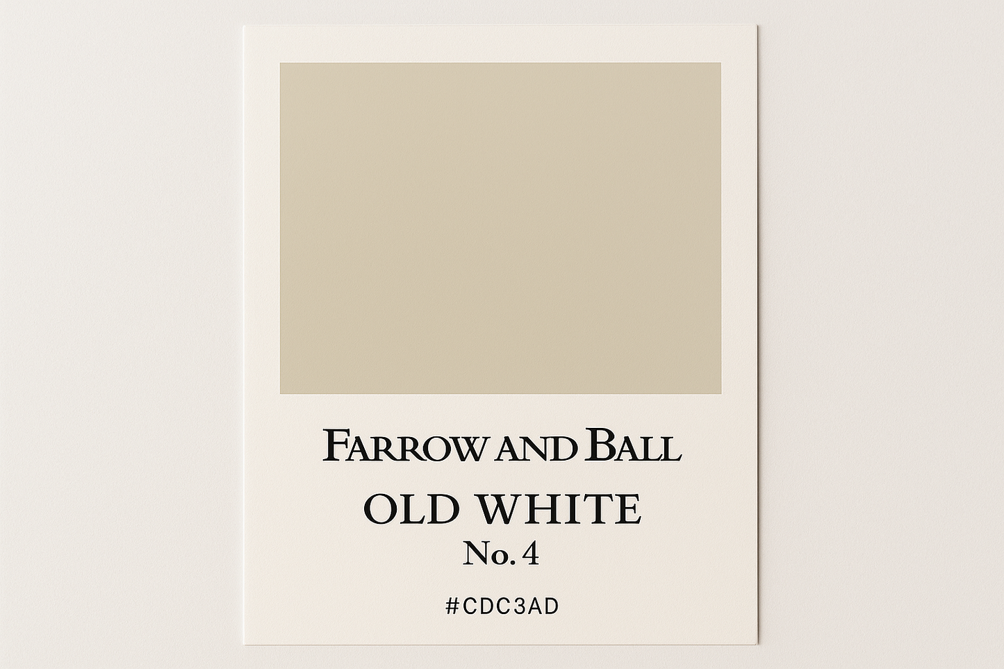 Create a colour swatch card using Hex #CDC3AD and label as Farrow and Ball Old White No 4