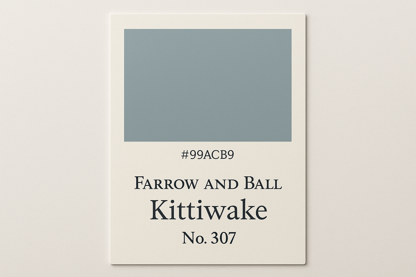 Create a colour Swatch card using Hex code #99ACB9 but label the colour Swatch card Farrow and Ball Kittiwake No. 307