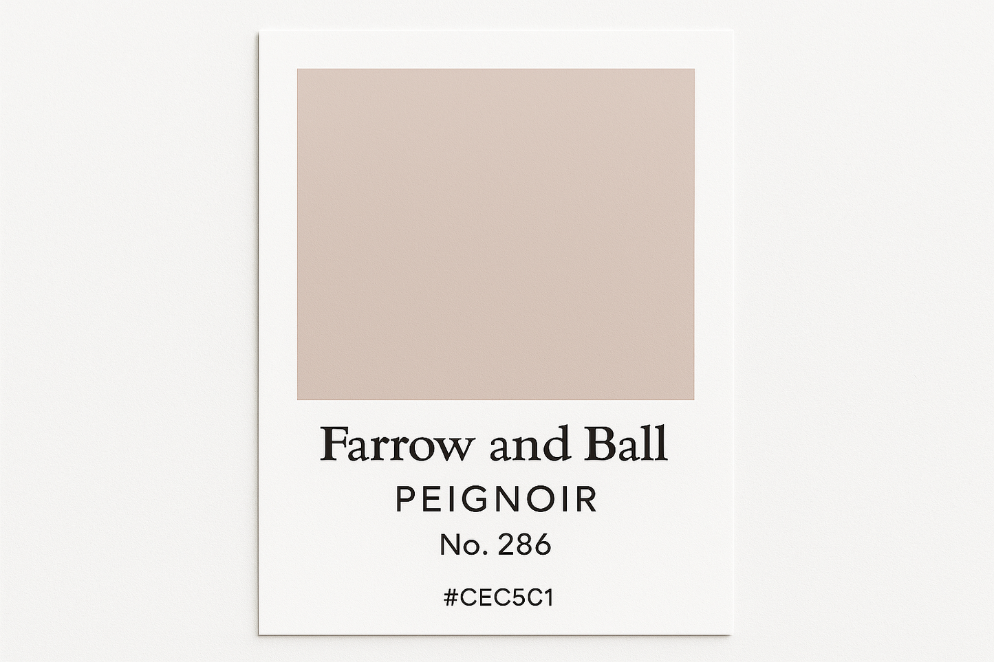 Create a colour swatch card using Hex code #CEC5C1 and label it Farrow and Ball -Peignoir No. 286