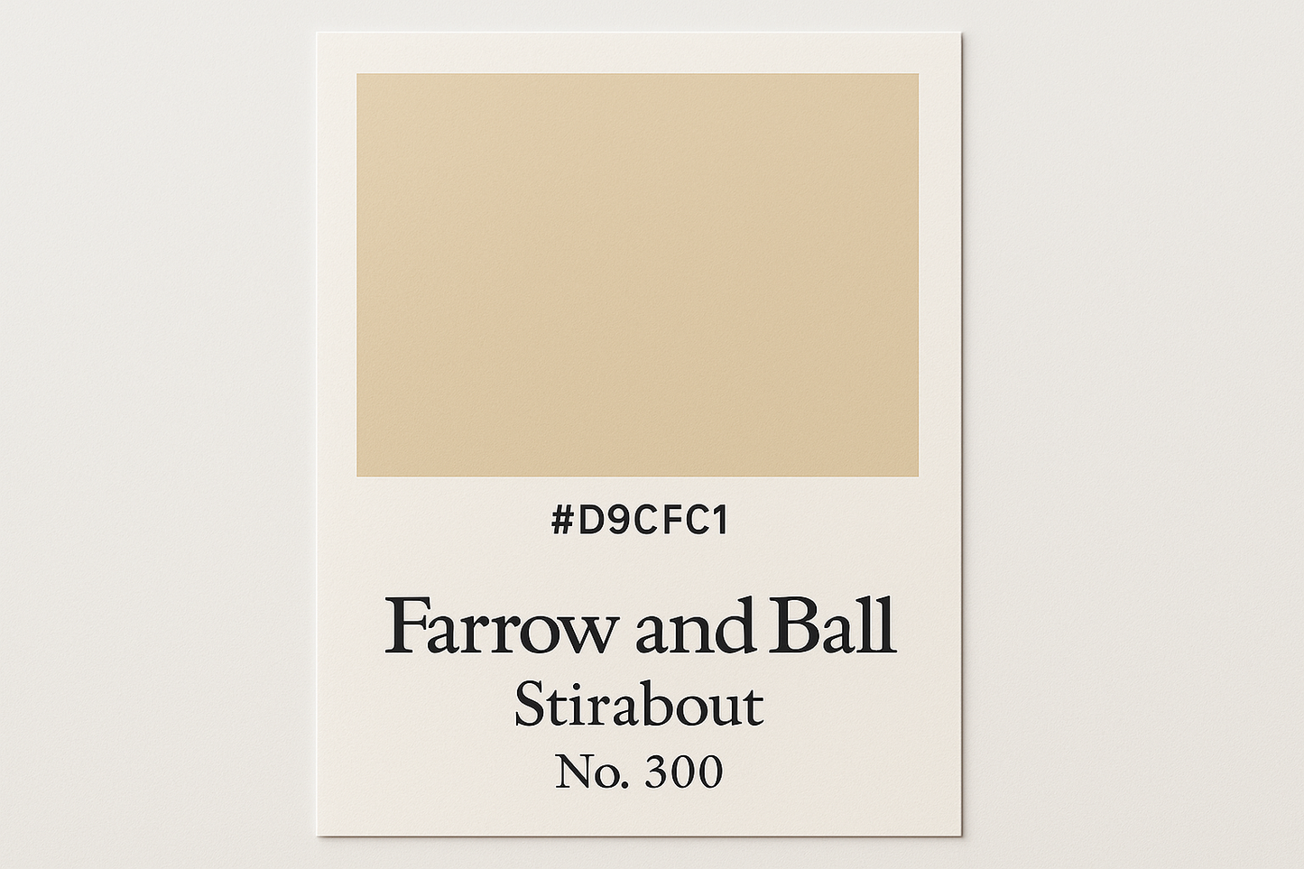 Create a colour swatch Card Using HEX #D9CFC1 and label it Farrow and Ball Stirabout No. 300