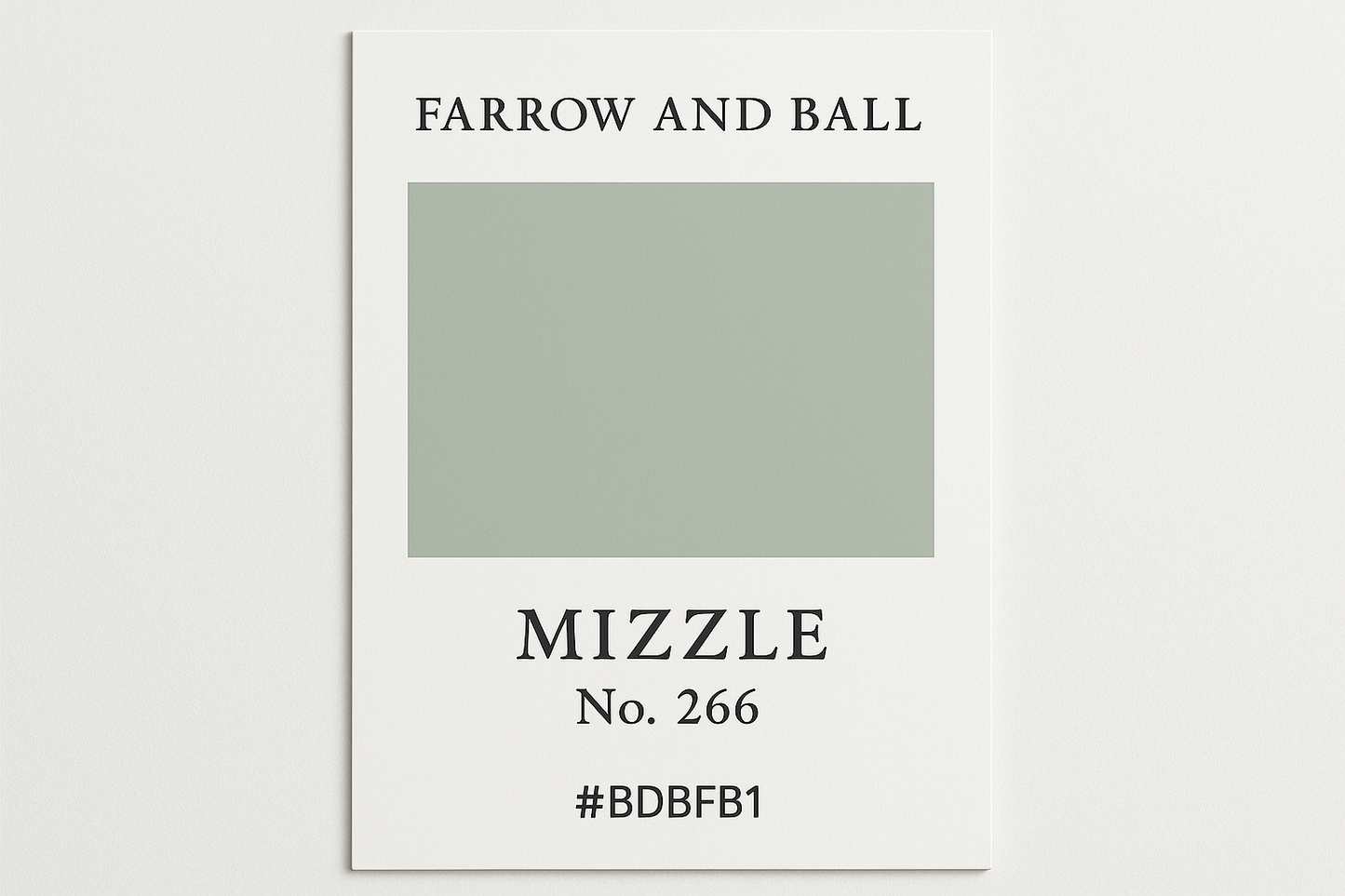 Create Colour Swatch Card using Hex #BDBFB1 and label as Farrow and Ball Mizzle No. 266