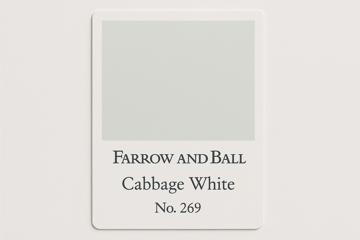 Create Colour swatch card using Hex code #E7EDEB and label as Farrow and Ball -Cabbage White No. 269