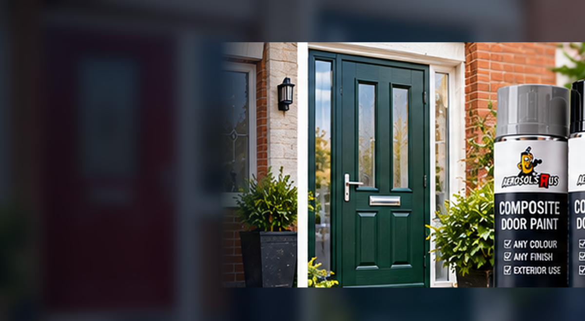 Freshly spray-painted composite entrance door beside AerosolsRus composite door spray paint