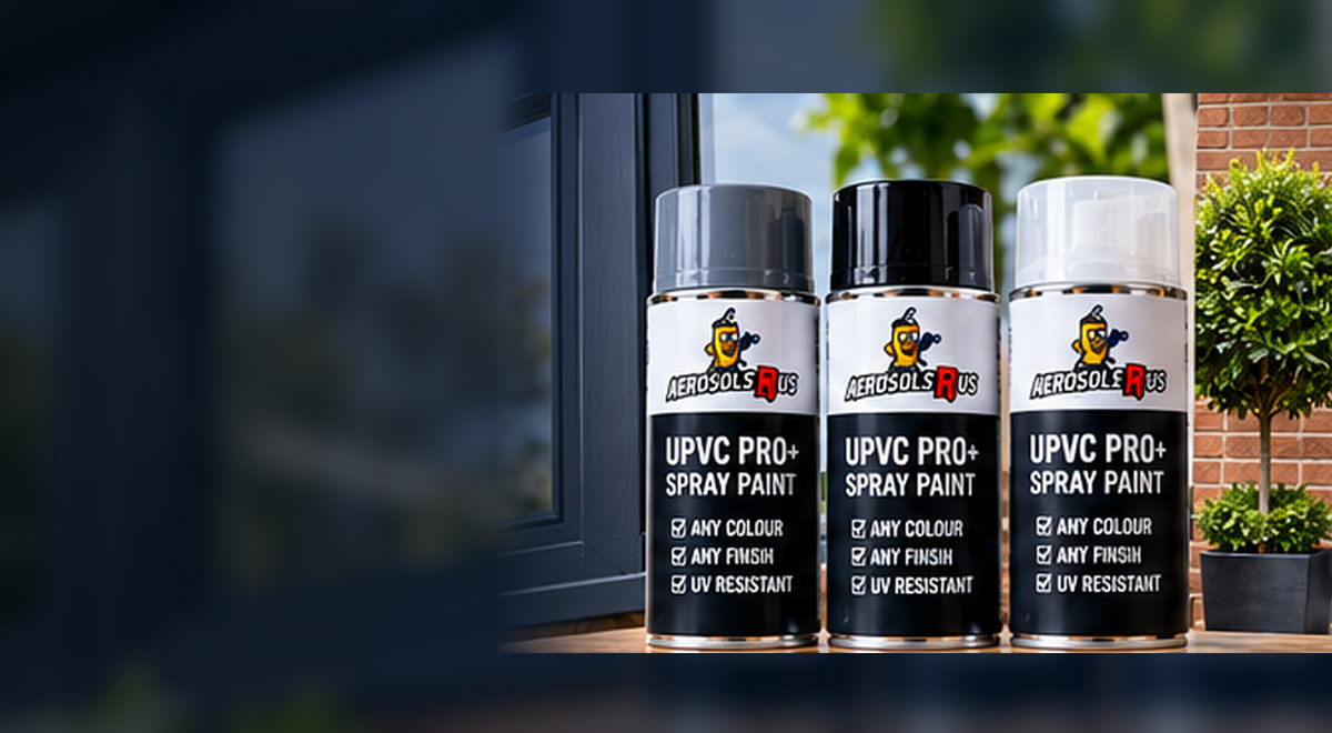 Freshly spray-painted uPVC windows and door beside AerosolsRus UPVC Pro+ Spray Paint