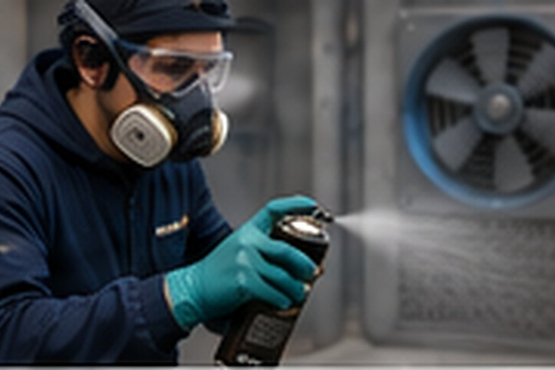 Spraying aerosol paint with extraction running and respiratory protection in place