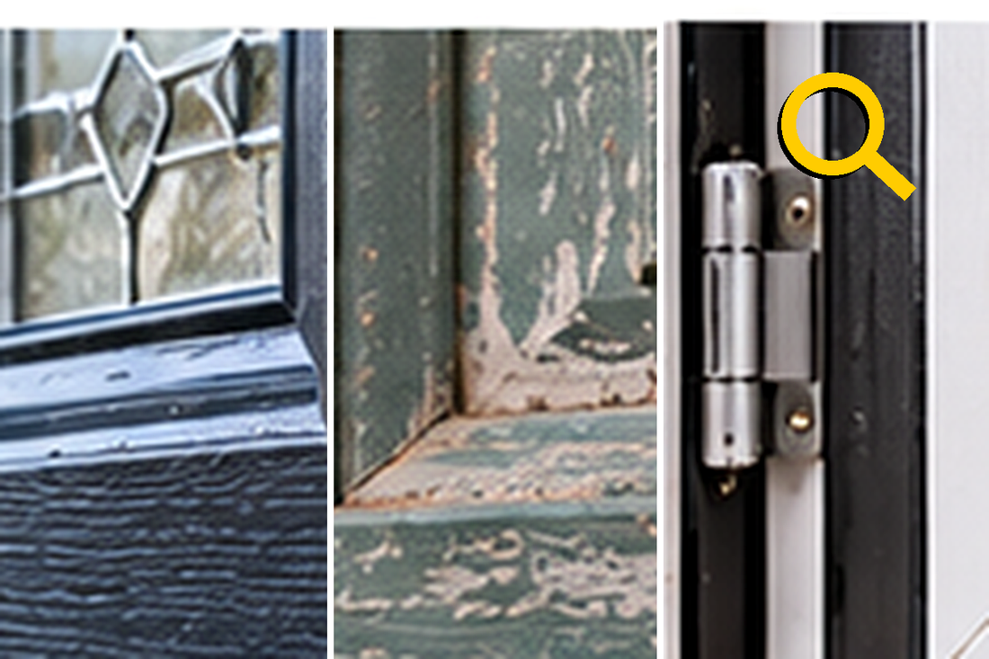 Inspecting composite door skin existing finish hardware and damaged areas