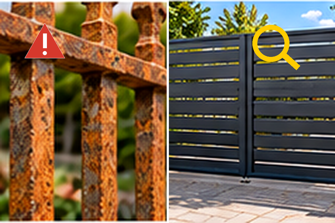 Inspecting gate and railing metal type corrosion welds fixings hinges and automation before painting