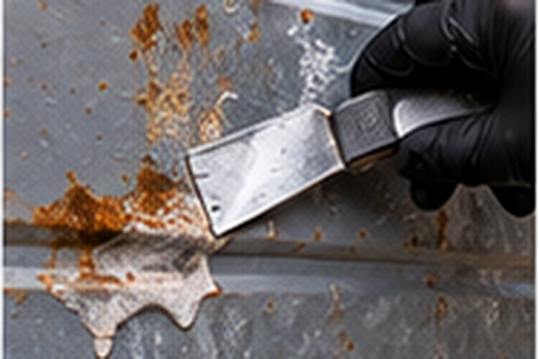Removing rust flaking paint and defects from a garage door before refinishing