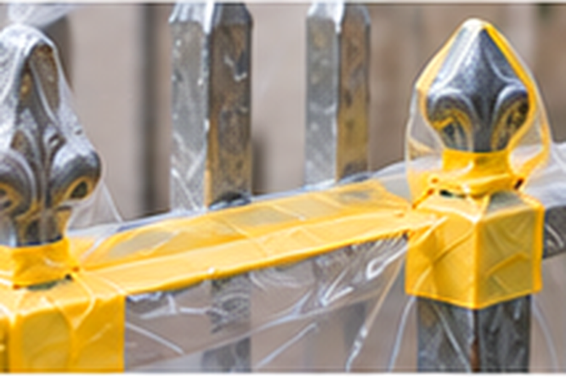 Masking gate locks hinges tracks sensors masonry plants and paving before spraying