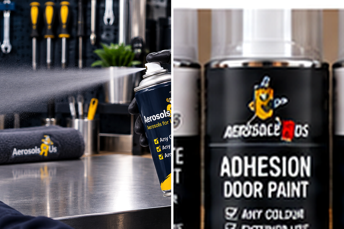 Shaking composite door aerosol and checking colour and spray pattern on a test card