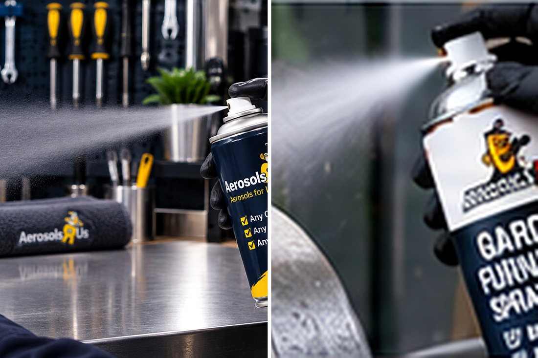 Shaking garden furniture aerosol and applying controlled exterior coats