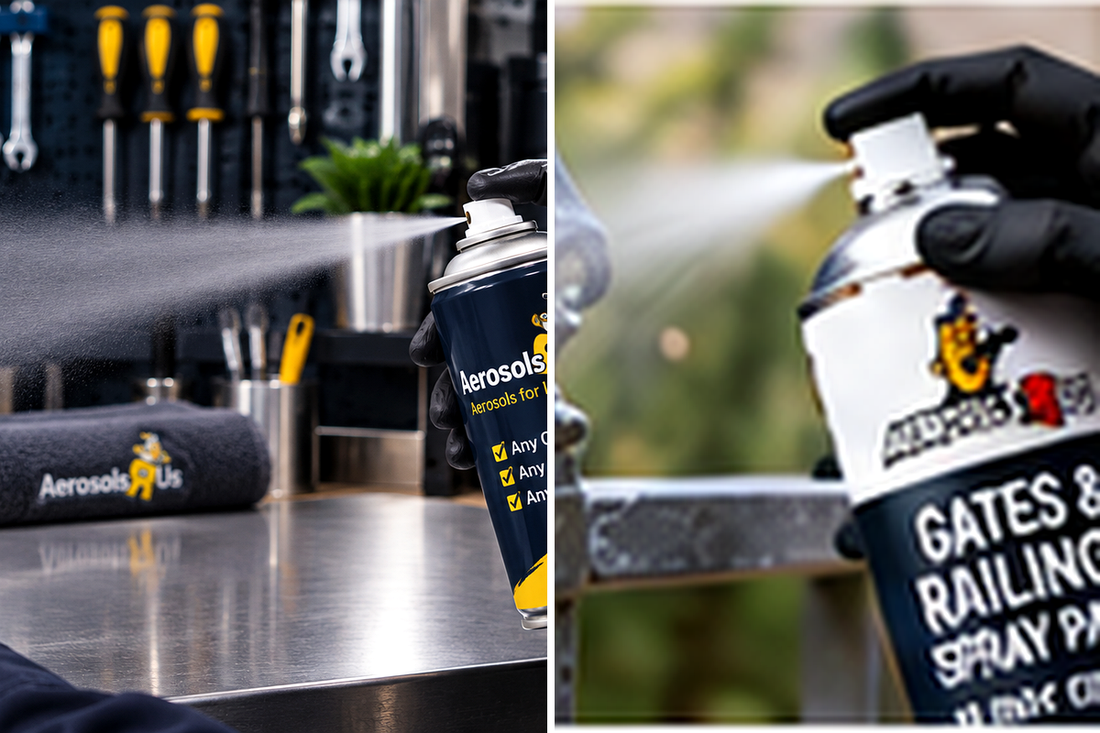 Shaking metal aerosol testing the spray pattern and applying controlled coats to railings