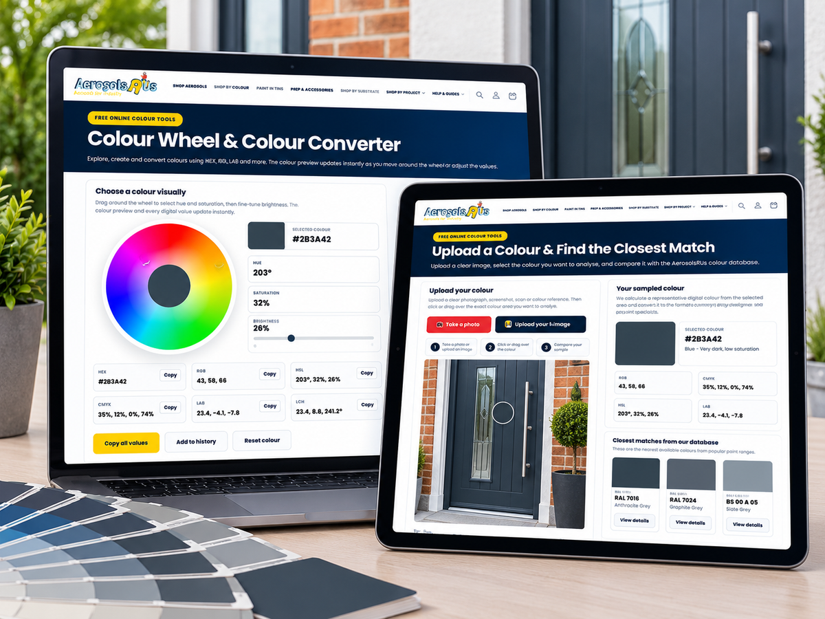 AerosolsRus colour wheel and uploaded composite door colour-matching tools
