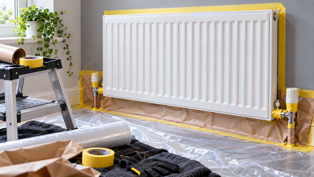 Cold radiator in a protected ventilated work area before painting