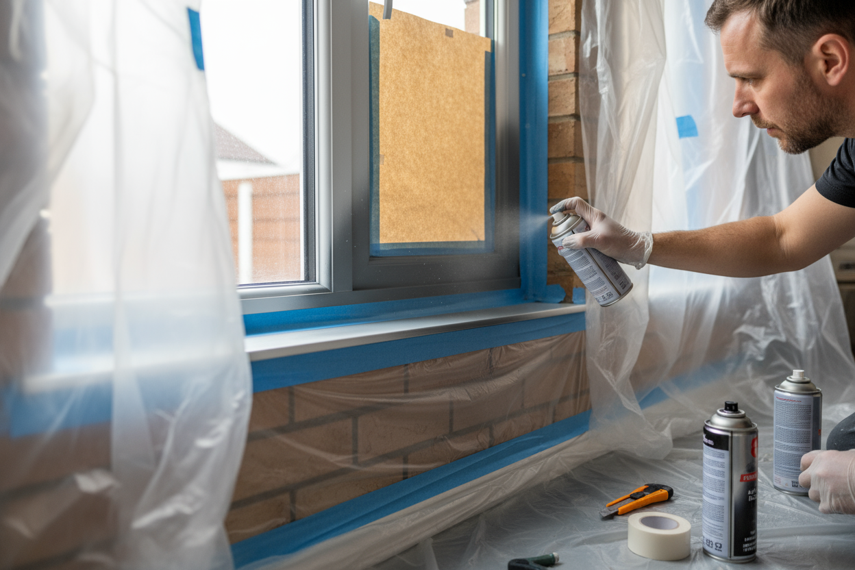 An Image showing Spray Painting UPVC Windows Using Aerosol Spray Paints and the area is all Masked up.