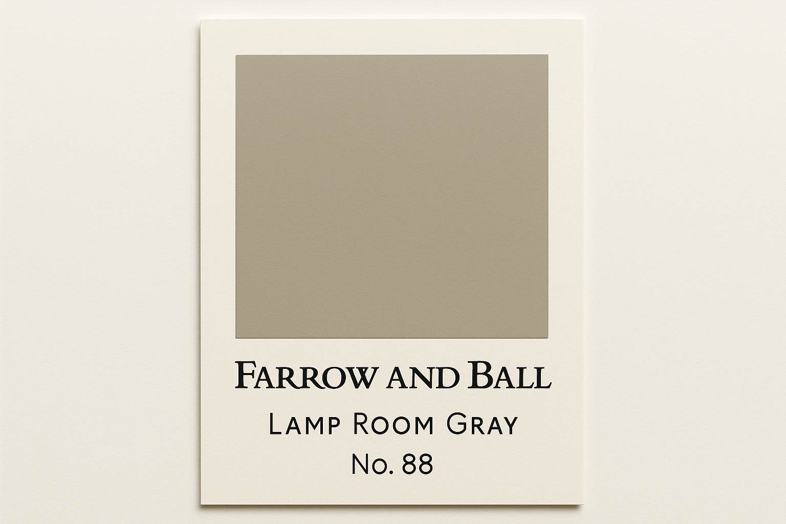 Create a colour swatch card in Hex code #B7B6AE and label it up Farrow and Ball Lamp room gray No. 88