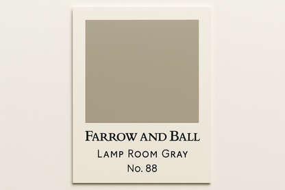 Create a colour swatch card in Hex code #B7B6AE and label it up Farrow and Ball Lamp room gray No. 88