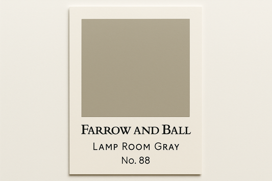 Create a colour swatch card in Hex code #B7B6AE and label it up Farrow and Ball Lamp room gray No. 88