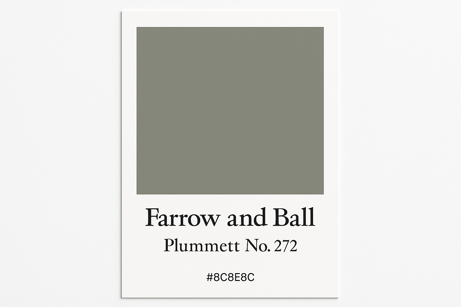 Create a colour swatch card to Hex code #8C8E8C and label it to Farrow and Ball -Plummett No. 272 
