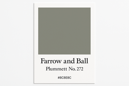 Create a colour swatch card to Hex code #8C8E8C and label it to Farrow and Ball -Plummett No. 272 