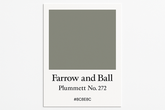 Create a colour swatch card to Hex code #8C8E8C and label it to Farrow and Ball -Plummett No. 272 