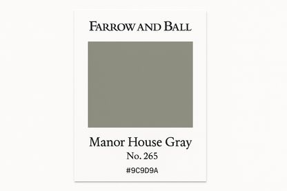 Create a colour Swatch Card to Hex code #9C9D9A and label it as Farrow and Ball -Manor House Gray No. 265