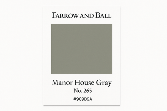 Create a colour Swatch Card to Hex code #9C9D9A and label it as Farrow and Ball -Manor House Gray No. 265
