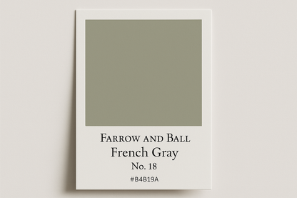 Create a colour Swatch Card using Hex #B4B19A and label as Farrow and Ball French Gray No. 18