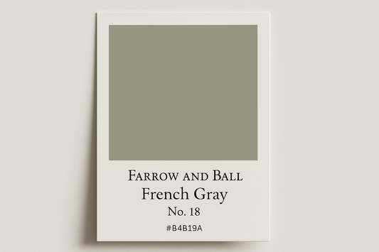 Create a colour Swatch Card using Hex #B4B19A and label as Farrow and Ball French Gray No. 18