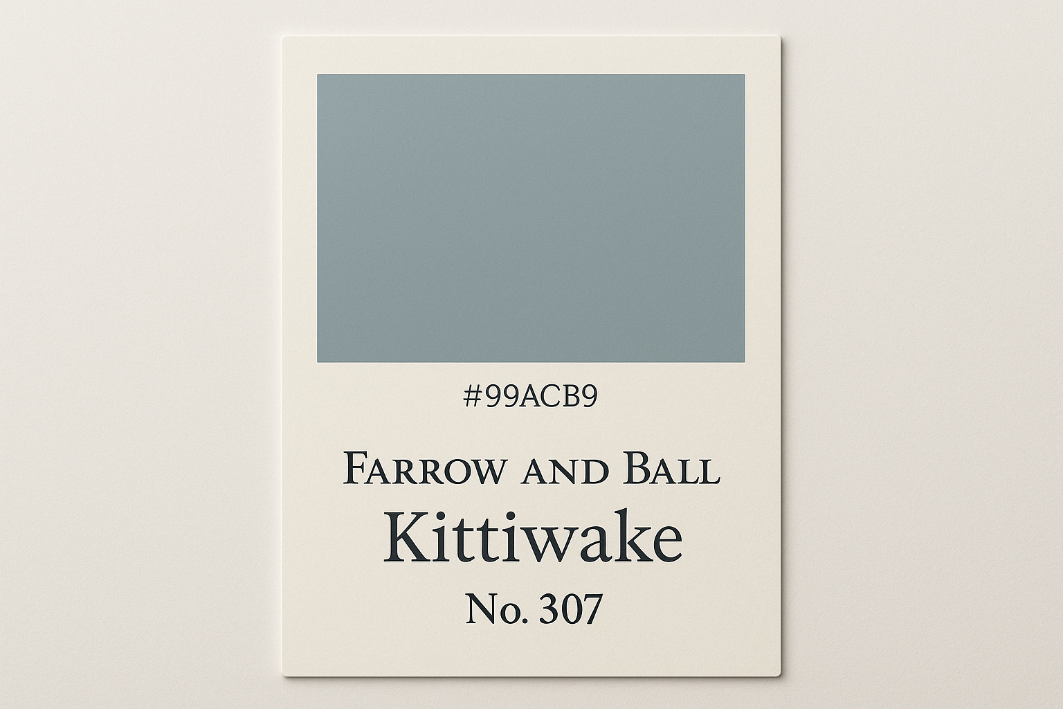 Create a colour Swatch card using Hex code #99ACB9 but label the colour Swatch card Farrow and Ball Kittiwake No. 307