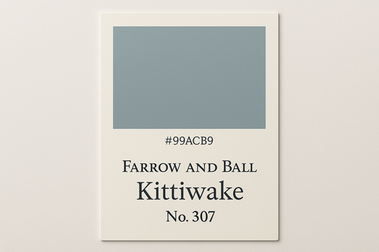 Create a colour Swatch card using Hex code #99ACB9 but label the colour Swatch card Farrow and Ball Kittiwake No. 307