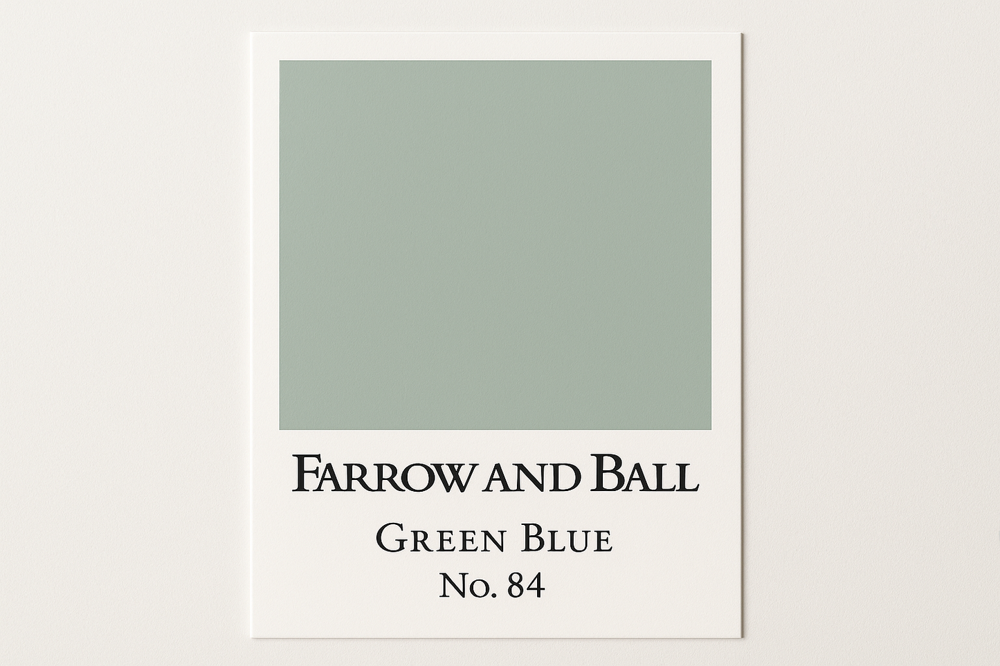 Create a colour Swatch Card using Hex code #AEBDB1 and Label it Farrow and Ball Green Blue No. 84