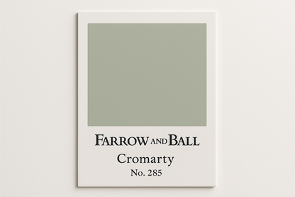 Create a colour swatch card using HEX CODE #CBCCBF and label the swatch card as Farrow and Ball -Cromarty No. 285