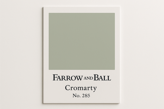 Create a colour swatch card using HEX CODE #CBCCBF and label the swatch card as Farrow and Ball -Cromarty No. 285
