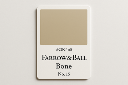 Create a colour Swatch card using Hex code #CDC4AE and label the card up Farrow and Ball -Bone No. 15 