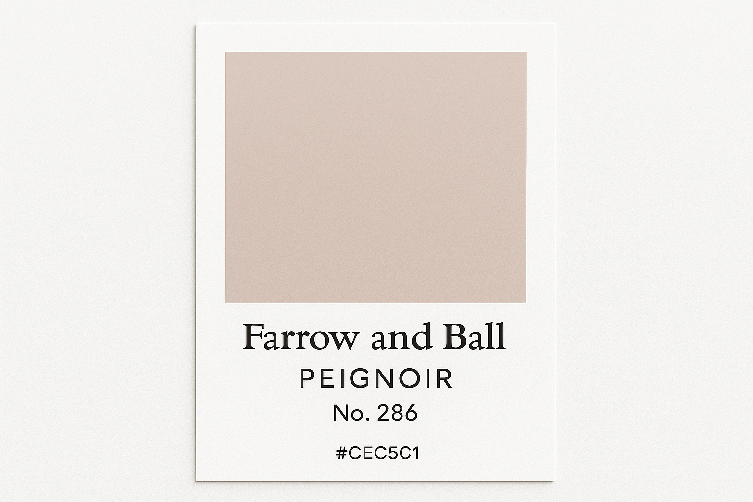 Create a colour swatch card using Hex code #CEC5C1 and label it Farrow and Ball -Peignoir No. 286 