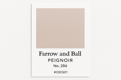 Create a colour swatch card using Hex code #CEC5C1 and label it Farrow and Ball -Peignoir No. 286 