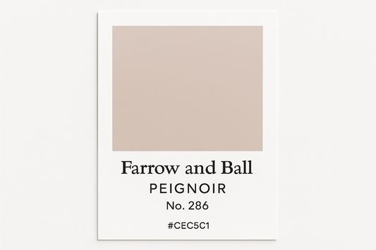 Create a colour swatch card using Hex code #CEC5C1 and label it Farrow and Ball -Peignoir No. 286 