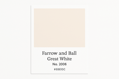 Create a colour Swatch Card Using hex code #E6E1DC and label it as Farrow and Ball -Great White No. 2006