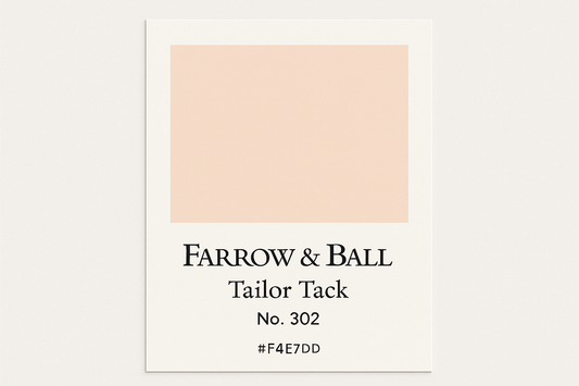 Create a colour swatch card using Hex code #F4E7DD and label it Farrow and Ball -Tailor Tack No. 302 
