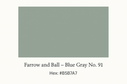 Create a colour swatch of Hex Code #B5B7A7 and label it up as Farrow and Ball -Blue Gray No. 91