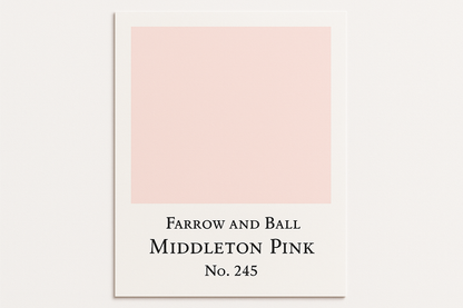 Create colour swatch card to hex #F5E6E5 and label it Farrow and Ball -Middleton Pink No. 245