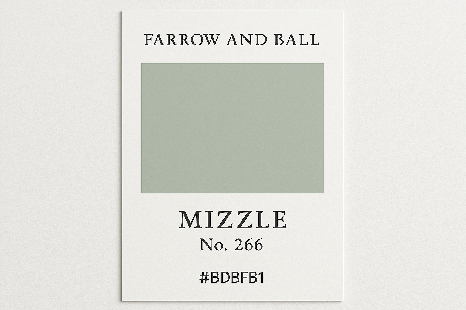 Create Colour Swatch Card using Hex #BDBFB1 and label as Farrow and Ball Mizzle  No. 266