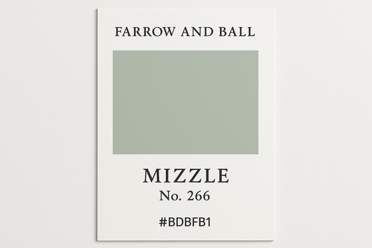 Create Colour Swatch Card using Hex #BDBFB1 and label as Farrow and Ball Mizzle  No. 266