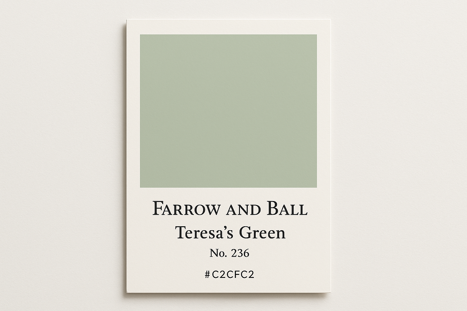 Create colour Swatch card using HEX Code #C2CFC2  and label the swatch card Farrow and Ball -Teresa's Green No. 236 
