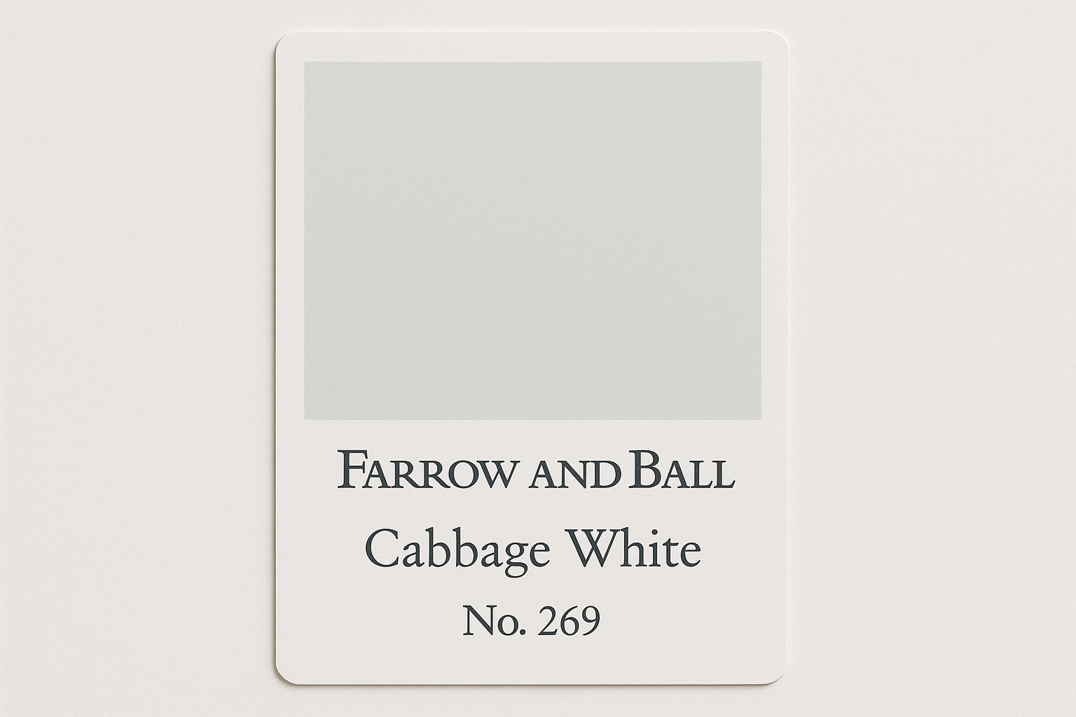Create Colour swatch card using Hex code #E7EDEB and label as Farrow and Ball -Cabbage White No. 269
