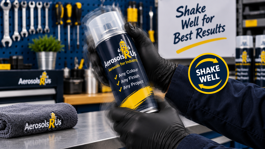 Gloved hands shaking aerosol vigorously before spraying